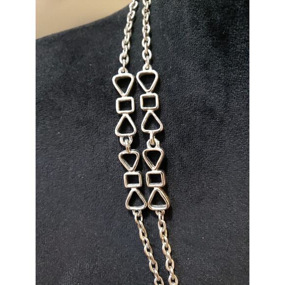 Women's Long Silver Chain Necklace Geometric Openwork Shapes Minimalist Jewelry - Picture 2 of 4